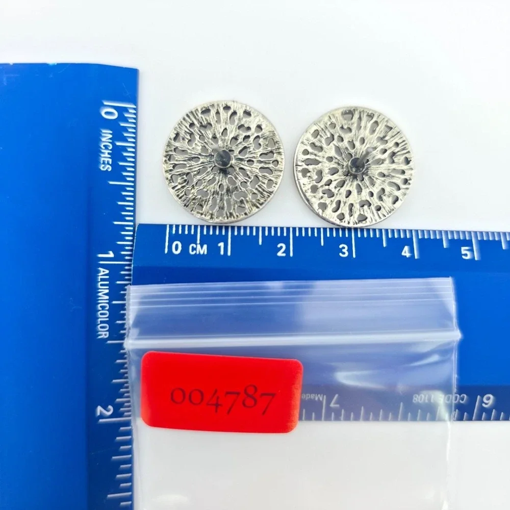 Vintage Ornate Button Earrings Open Scrollwork 4 Petal Flower Silver Plate .75